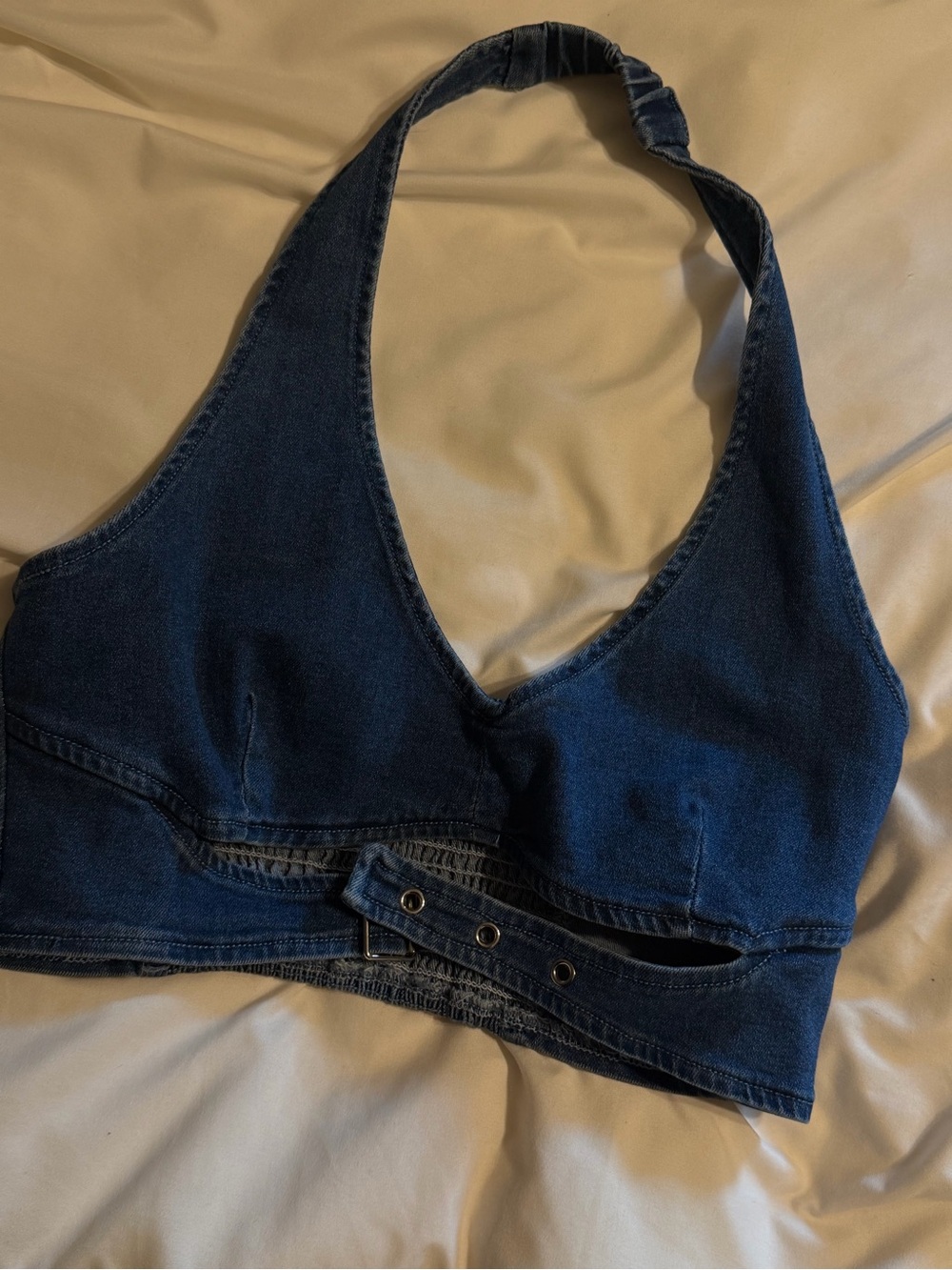Windsor Denim Halter Crop Top in Dark Blue